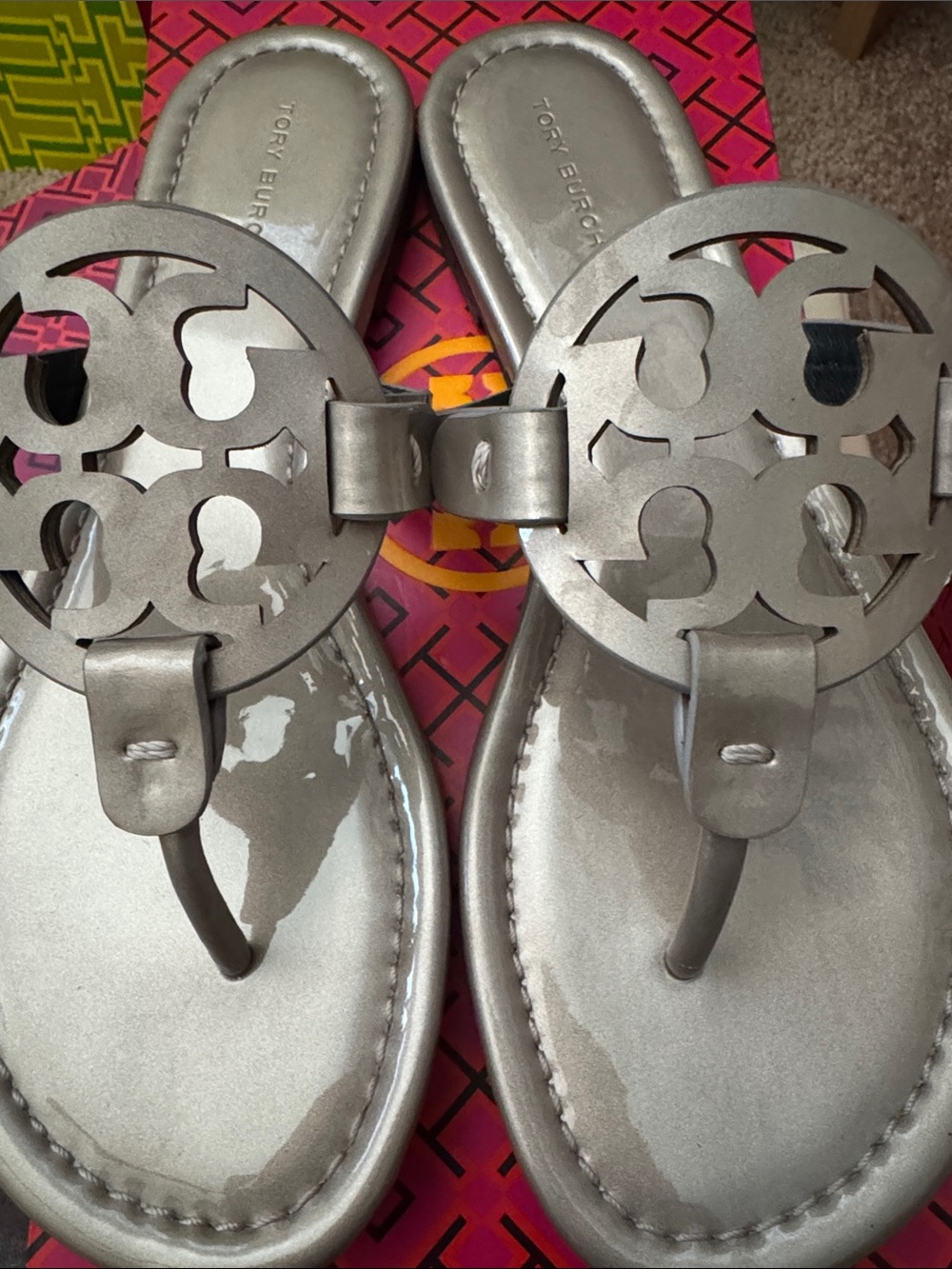Tory Burch Silver Cutout Logo Thong Sandals
